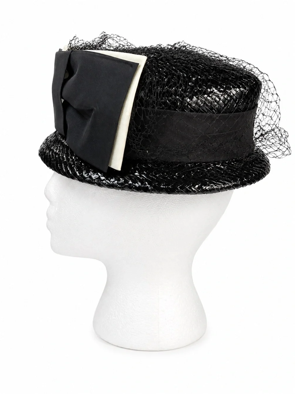 VTG 1960s Hats by Dayle Black Woven Straw Pillbox Hat Bow Veil